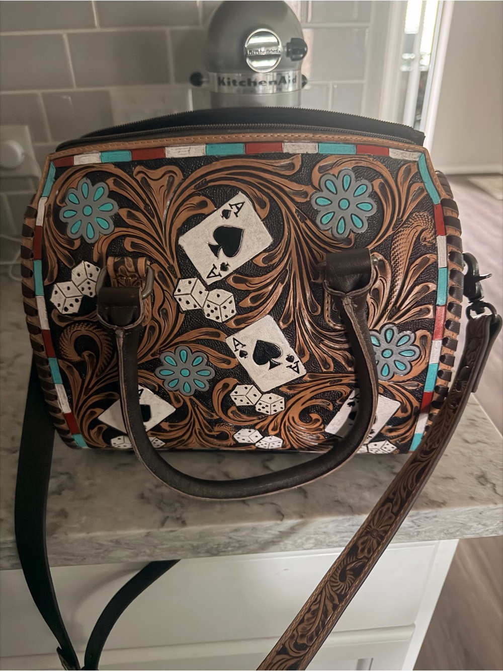 Hand-Painted Brown Leather Satchel with Turquoise Accents